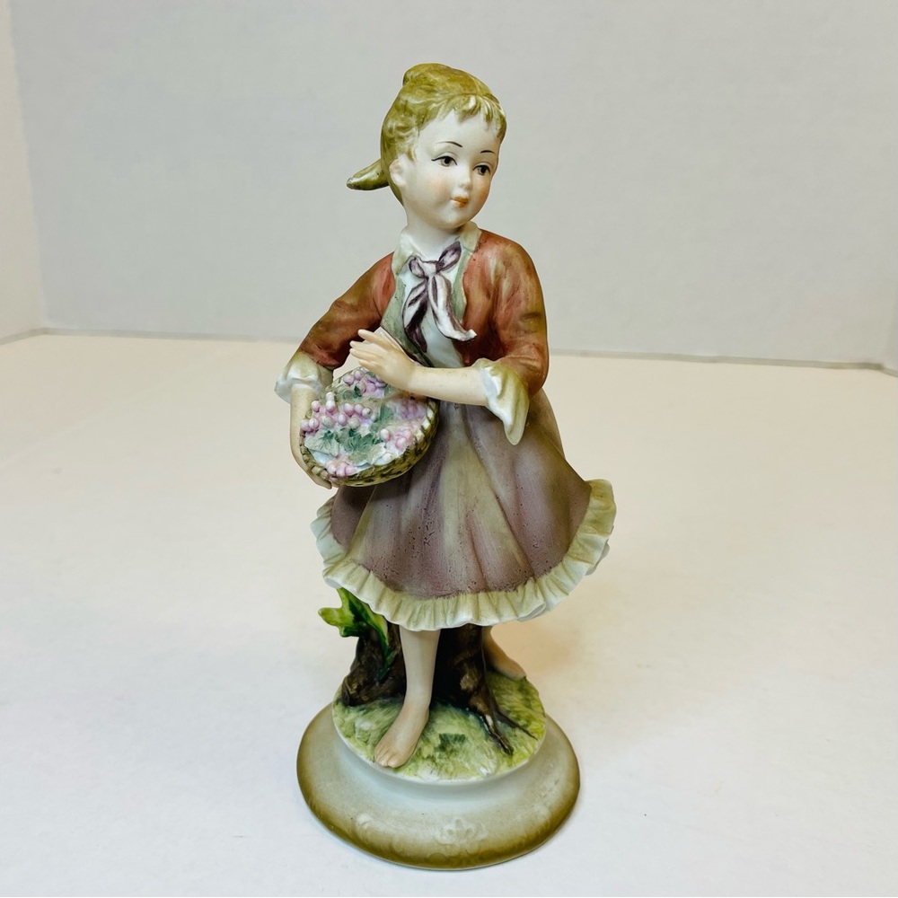 Andrea Hand Painted Porcelain Girl with Flower Basket Figurine #7126  About 8” …